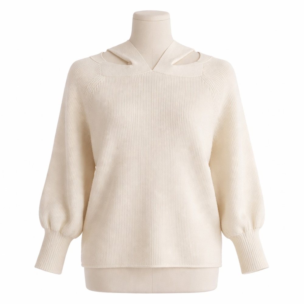 Zara Cream Rib Knit Cutout Sweater S Puff Sleeve Ivory Minimalist